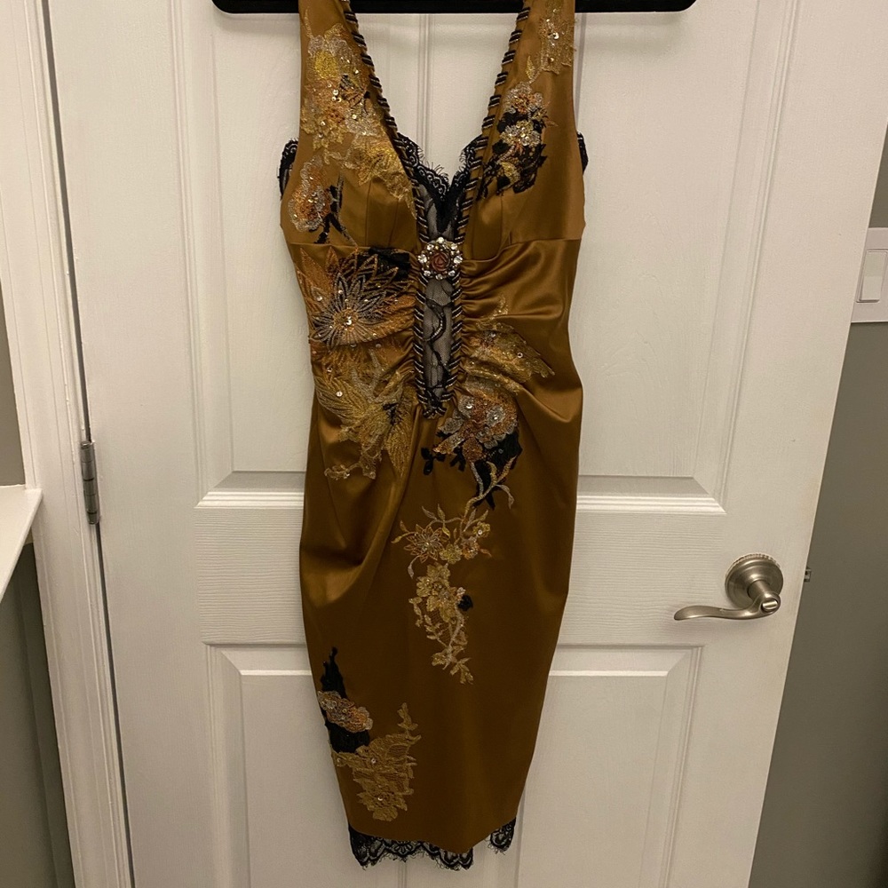 Julian Joyce satin & lace appliqué dress